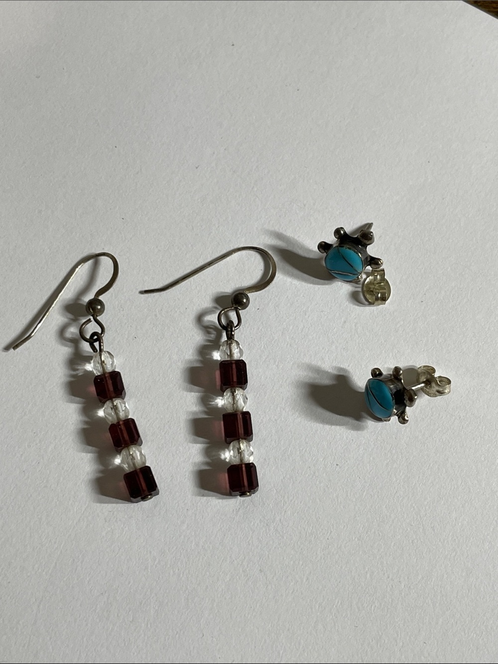 Two-Pair 925 Women’s Earrings Set - Burgundy Beaded Drops & Turquoise Studs